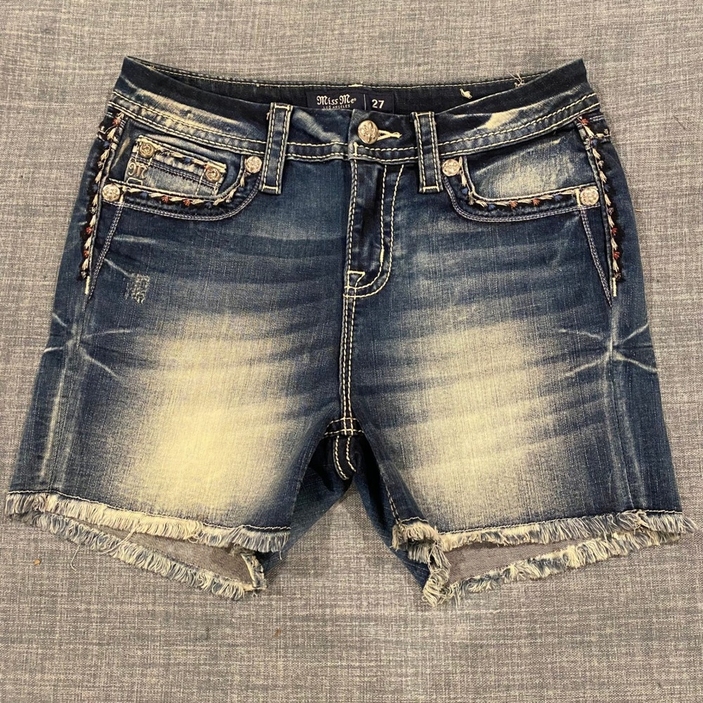 Miss Me Los Angeles Distressed Denim Shorts Embroidered USA Flag Blue Womens 27